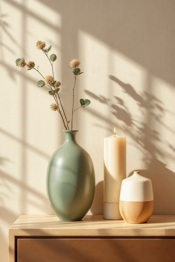 Beige and Green Living Room: Color Pairing Tips & Inspiration 20 Beige and green living room detail with a green vase, tall candle, and soft shadows on the wall.