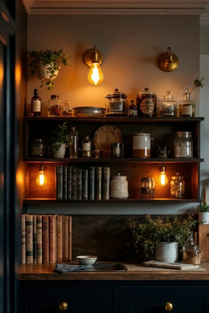 DIY Dark Academia Kitchen Decor: Affordable Tips & Tricks to Transform Your Space 21 Wood shelving lit by Edison bulbs holds books, jars, and apothecary finds, creating a warm Dark Academia Kitchen corner.