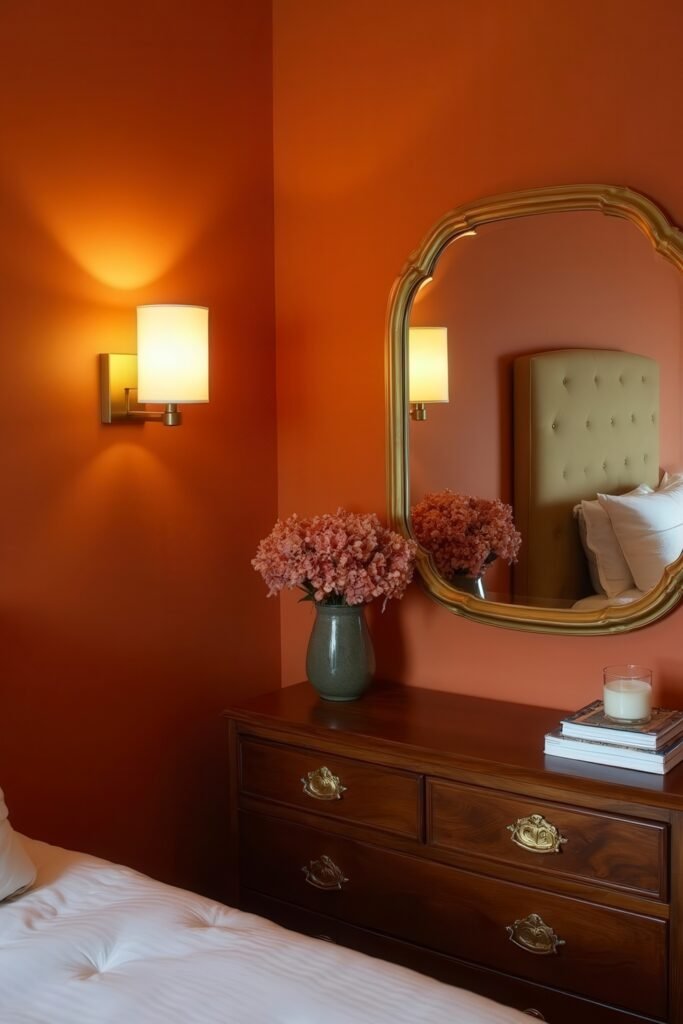 Burnt Orange Bedroom Color Combinations: The Best Shades to Pair for a Stylish Retreat 21 Vintage dresser and mirror paired with burnt orange bedroom color combinations and soft lighting.