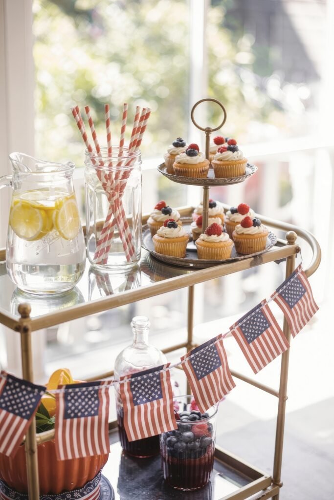 Patriotic 4th of July Table Décor & Centerpieces 25 4th of July bar cart styled with lemon water, striped straws, cupcakes topped with berries, and mini flag banner décor.