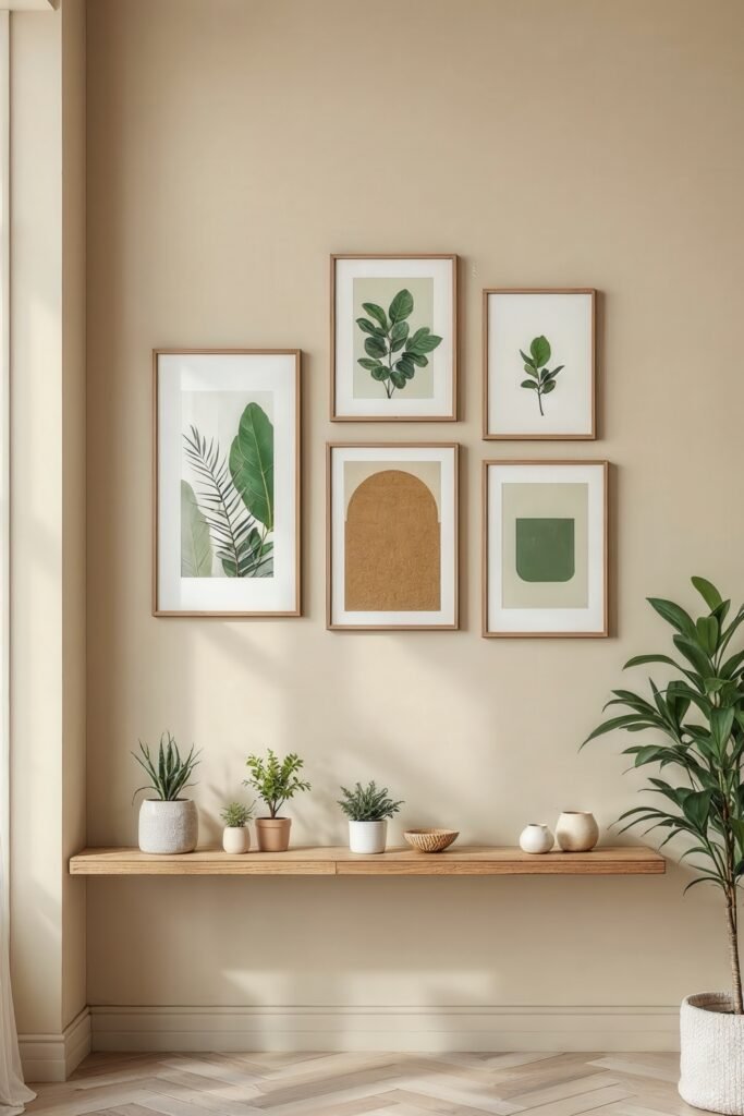 Beige and Green Living Room: Color Pairing Tips & Inspiration 21 Beige and green living room wall with botanical art and a floating shelf of small potted plants.