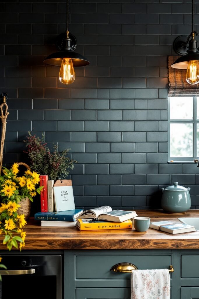 DIY Dark Academia Kitchen Decor: Affordable Tips & Tricks to Transform Your Space 22 Stacked books, flowers, and glowing lights contrast against deep green subway tiles in this literary-inspired kitchen space.