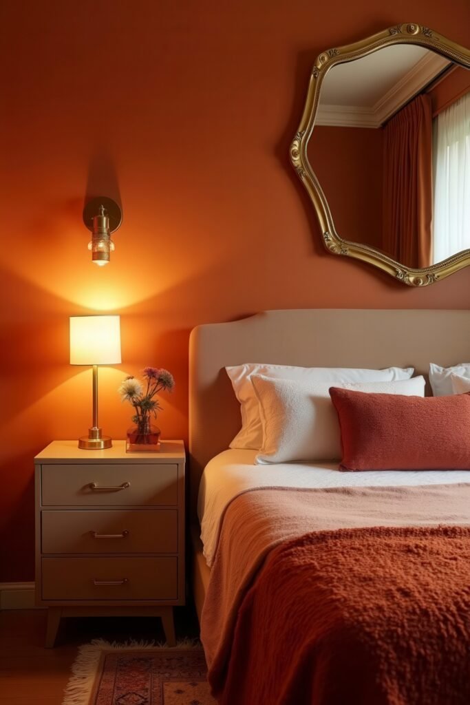 Burnt Orange Bedroom Color Combinations: The Best Shades to Pair for a Stylish Retreat 22 Golden mirror and warm lighting accentuate burnt orange bedroom color combinations with plush bedding.