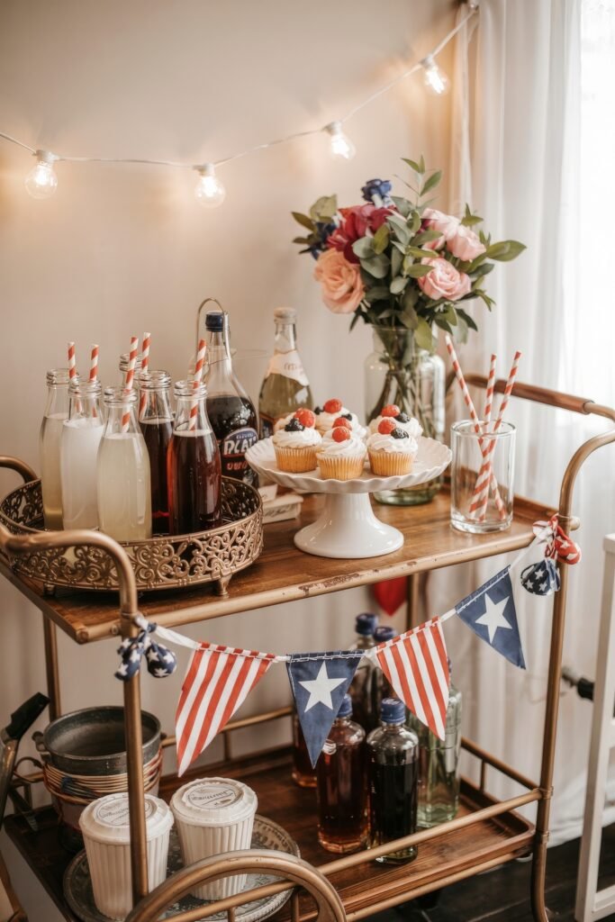 Patriotic 4th of July Table Décor & Centerpieces 26 Vintage bar cart decorated with cupcakes, soda bottles, striped straws, floral arrangement, and patriotic bunting, perfect for 4th of July entertaining.