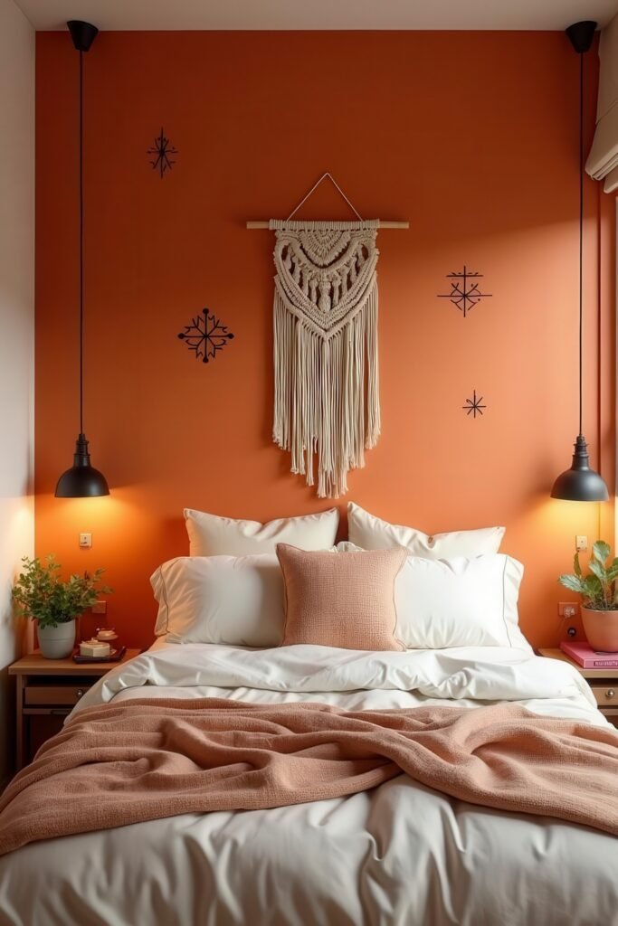Cozy Burnt Orange Boho Bedroom Design Guide 19 Cozy burnt orange boho bedroom with crisp white bedding and macramé wall hanging above the headboard