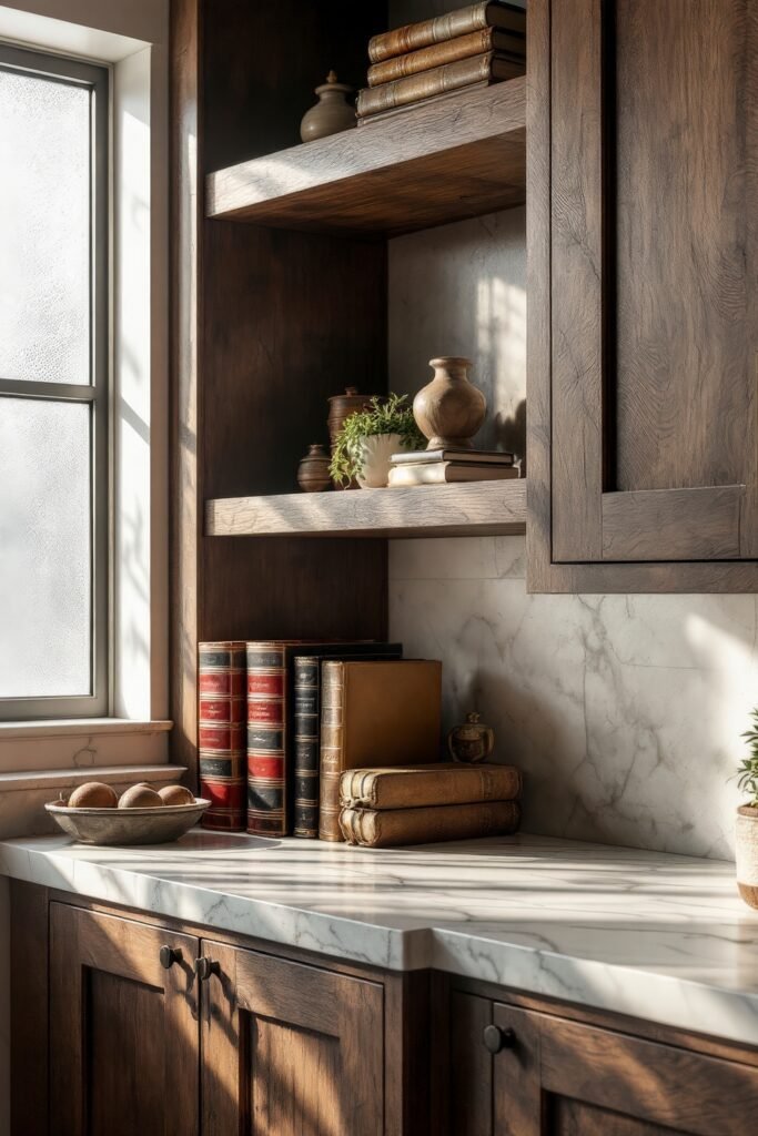 Dark Academia Kitchen Cabinets: Shades & Hardware for a Vintage Aesthetic 16 Wood cabinetry with marble counters, antique books, and pottery bathed in warm sunlight, exuding Dark Academia charm.