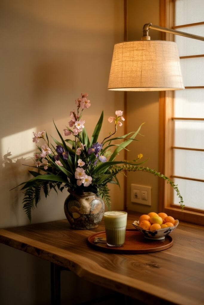 Japanese Breakfast Nook Ideas: Tea Ceremony Style for Tiny Kitchens 23 Fresh flowers and matcha latte on a wooden table under warm light in a Japanese Kitchen.
