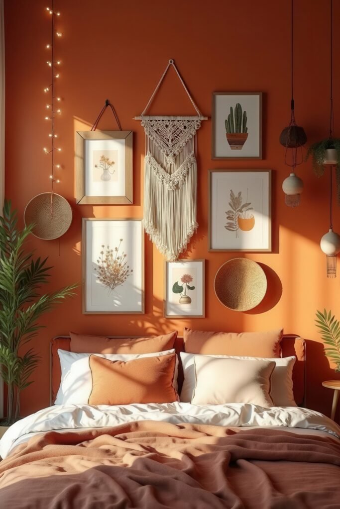 Cozy Burnt Orange Boho Bedroom Design Guide 20 Gallery wall and macramé decor in a bright burnt orange boho bedroom with white bedding and natural light