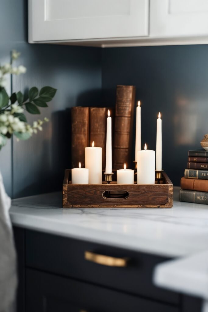 DIY Dark Academia Kitchen Decor: Affordable Tips & Tricks to Transform Your Space 23 Marble countertop with a wooden tray of pillar candles, surrounded by stacked books—simple DIY Dark Academia charm.