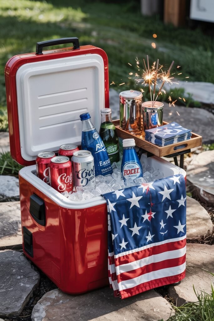 Patriotic 4th of July Table Décor & Centerpieces 27 Red cooler filled with assorted drinks and ice, decorated with an American flag towel and sparklers for festive 4th of July décor.