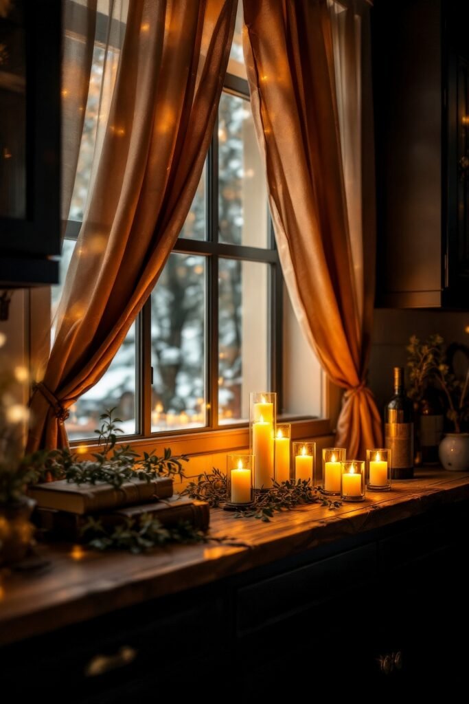 DIY Dark Academia Kitchen Decor: Affordable Tips & Tricks to Transform Your Space 24 Warm window light shines on flickering candles and vintage books, setting a moody glow for a Dark Academia Kitchen vibe.