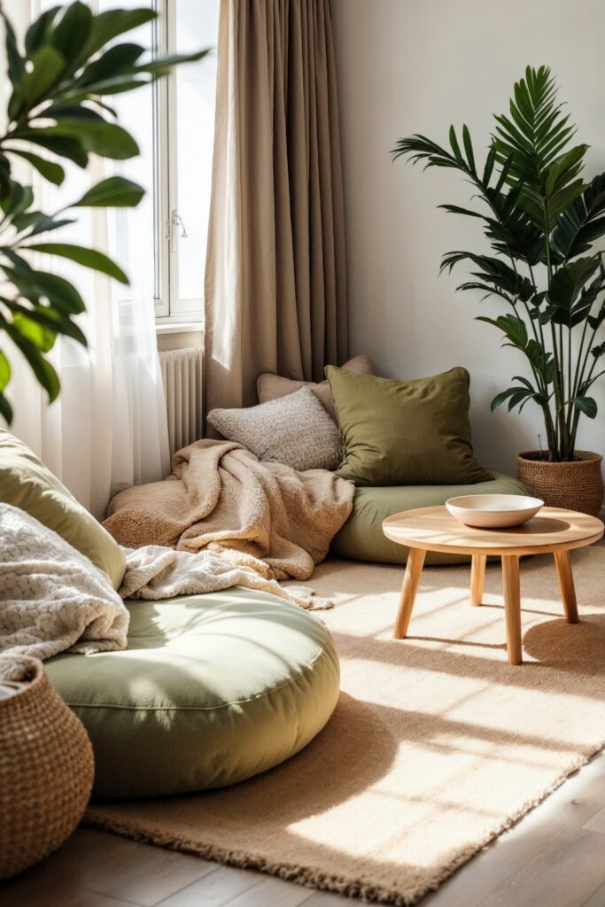 Beige and Green Living Room: Color Pairing Tips & Inspiration 22 Cozy beige and green living room corner with floor cushions, leafy plants, and soft textiles.