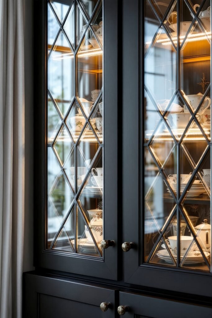 Dark Academia Kitchen Cabinets: Shades & Hardware for a Vintage Aesthetic 17 Glass-front Dark Academia Kitchen Cabinets with diamond panes display fine china, softly lit from within.