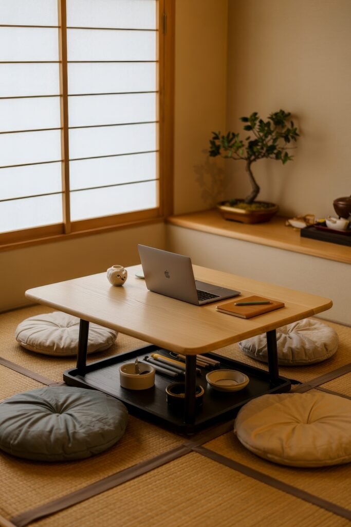 Japanese Breakfast Nook Ideas: Tea Ceremony Style for Tiny Kitchens 24 Minimalist Japanese Breakfast Nook with a laptop, cushions, and bonsai by shoji screens.