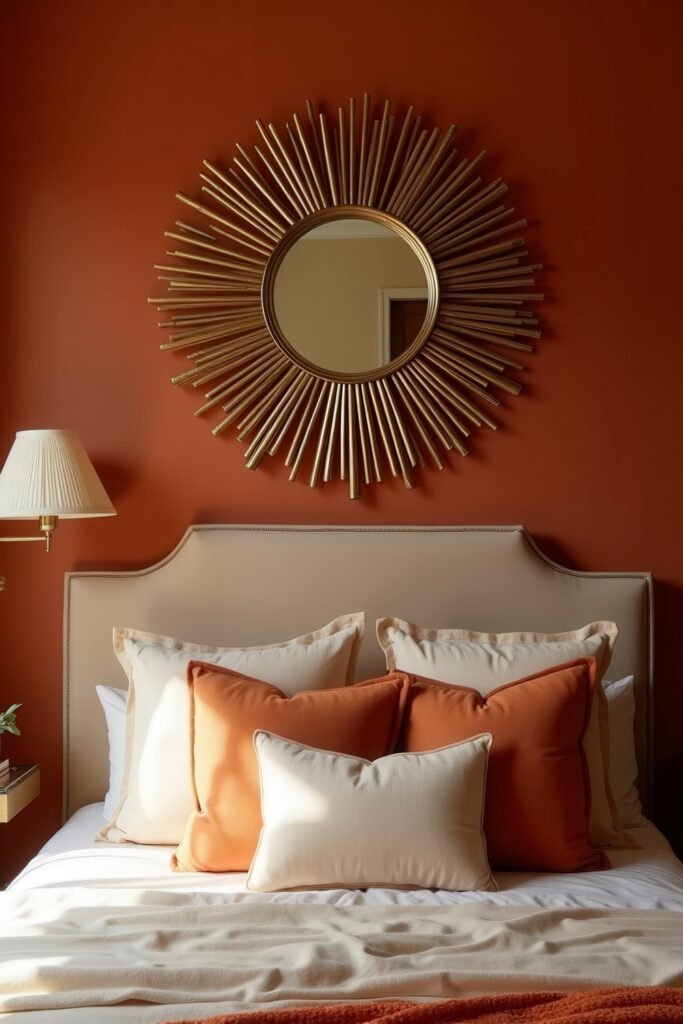 Burnt Orange Bedroom Color Combinations: The Best Shades to Pair for a Stylish Retreat 23 Sunburst mirror and throw pillows complement burnt orange bedroom color combinations in cozy setup.