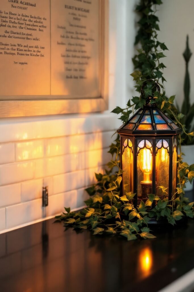 DIY Dark Academia Kitchen Decor: Affordable Tips & Tricks to Transform Your Space 25 A stained glass lantern with ivy sits on a glossy black counter, casting soft light under a framed DIY Dark Academia quote.