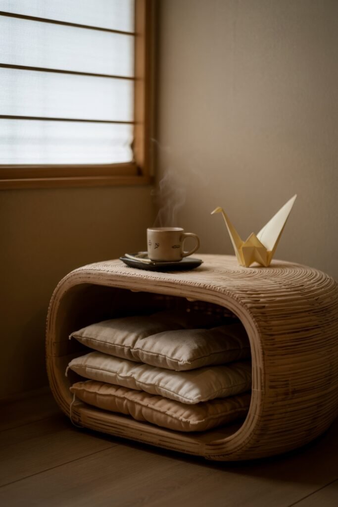 Japanese Breakfast Nook Ideas: Tea Ceremony Style for Tiny Kitchens 25 Woven bench with steaming tea and origami crane in a sunlit Japanese Breakfast Nook.