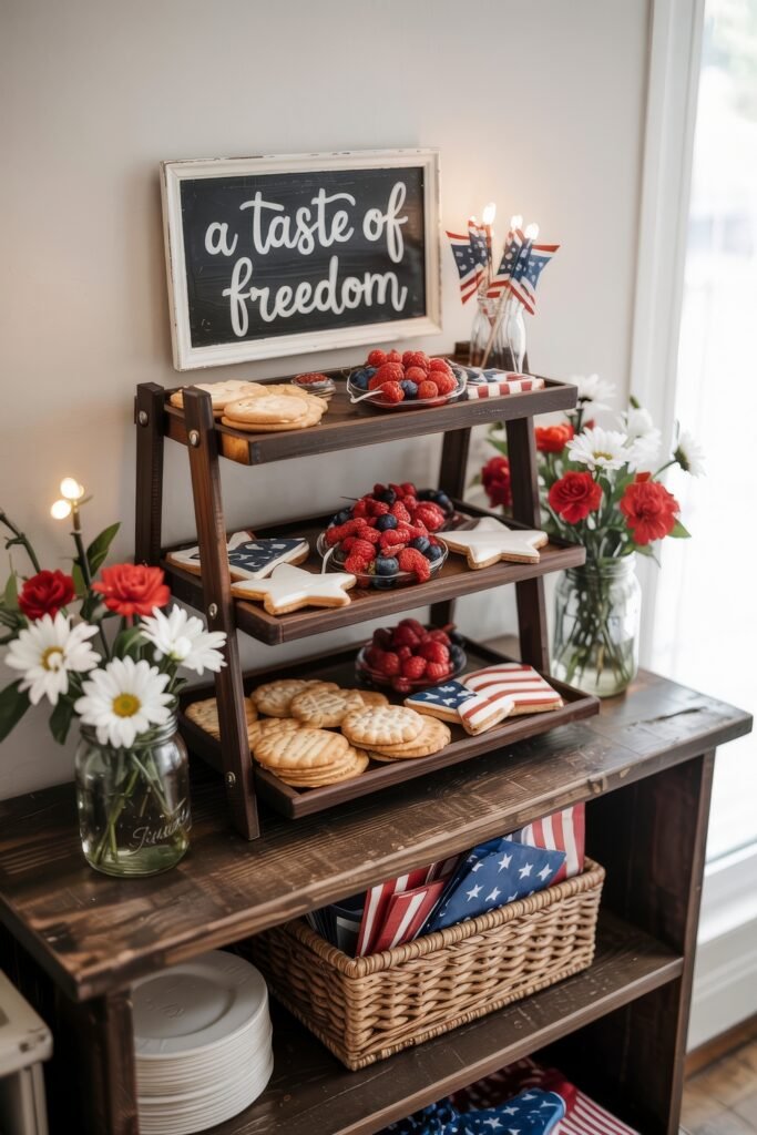 Patriotic 4th of July Table Décor & Centerpieces 28 Tiered wooden tray with patriotic-themed cookies, berries, and a sign that reads "a taste of freedom" surrounded by red, white, and blue flowers.