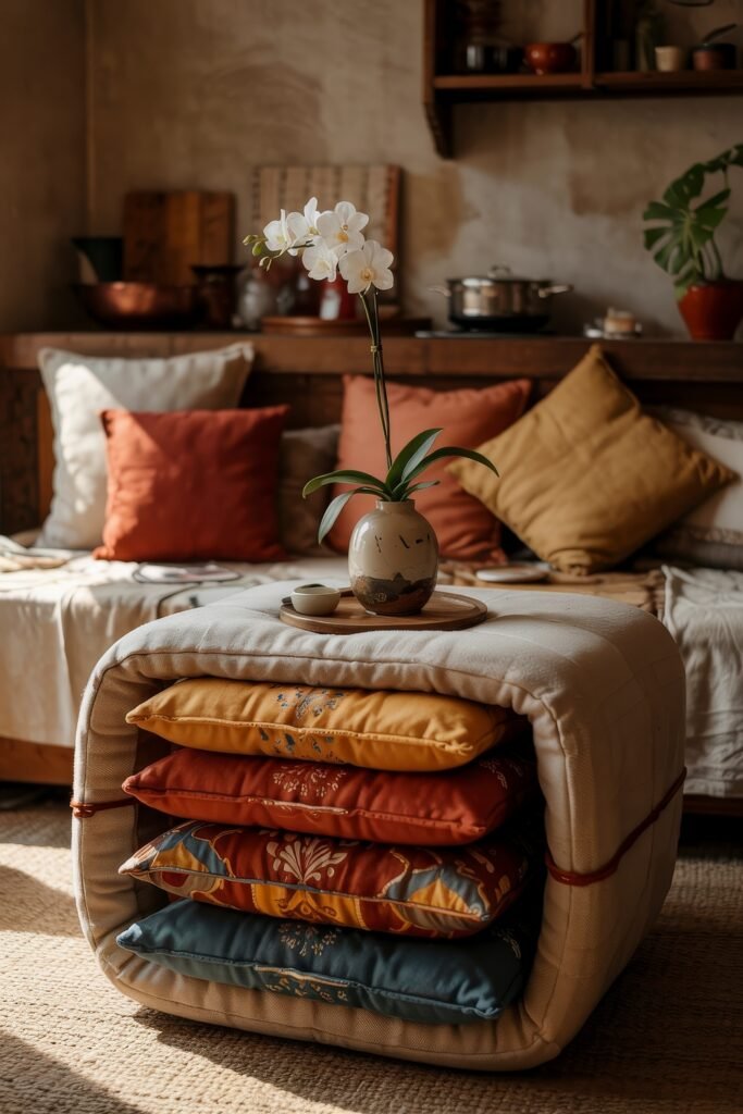 Japanese Breakfast Nook Ideas: Tea Ceremony Style for Tiny Kitchens 26 Colorful cushions stacked under a white bench with an orchid vase in a cozy Japanese Kitchen.