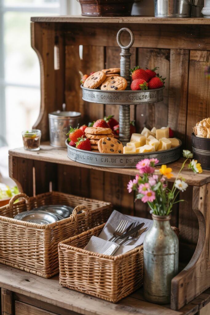 Patriotic 4th of July Table Décor & Centerpieces 29 Rustic wooden shelf with a metal stand holding cookies, cheese cubes, and strawberries, next to wicker baskets and a small flower vase.