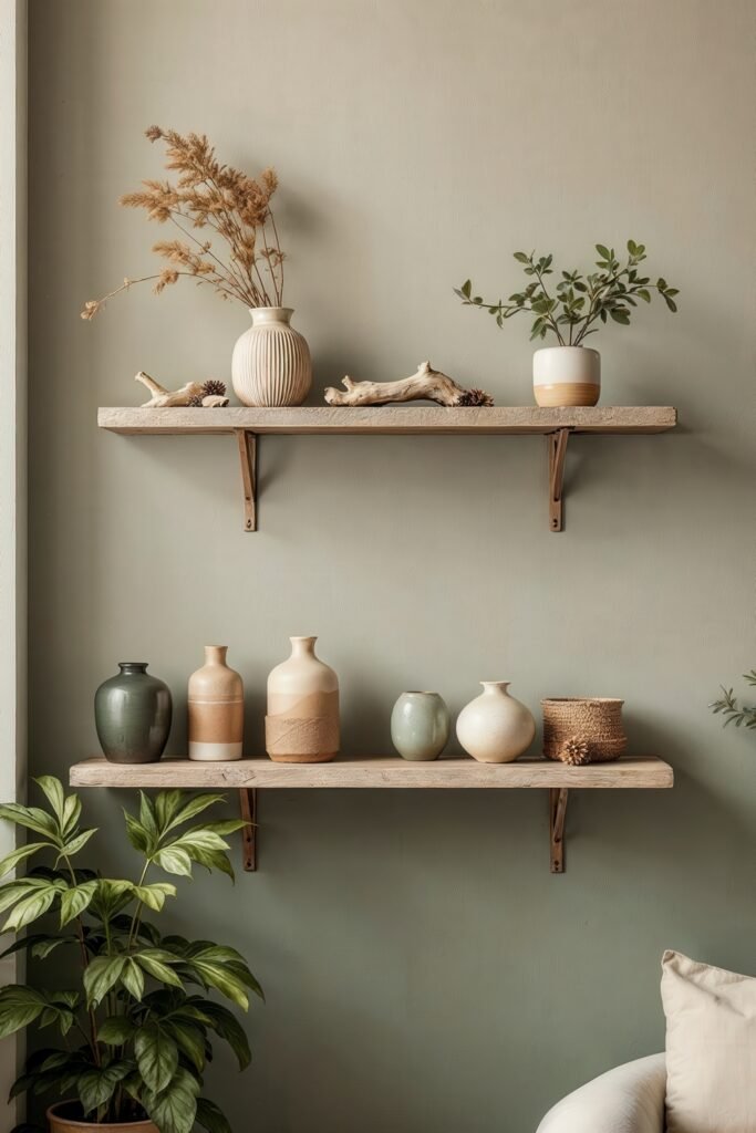 Beige and Green Living Room: Color Pairing Tips & Inspiration 23 Earth-toned shelves in a beige and green living room with vases, driftwood, and leafy plants.