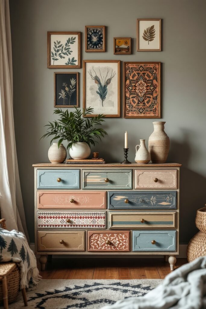 Essential Boho Bedroom Furniture: Rattan, Wood, and Vintage Finds 22 Colorful distressed dresser with mismatched drawers and framed art above, showing boho bedroom furniture