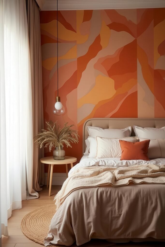 Cozy Burnt Orange Boho Bedroom Design Guide 22 Abstract accent wall in a burnt orange boho bedroom with soft neutrals and pampas grass arrangement