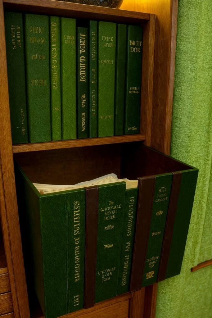 Dark Academia Kitchen Cabinets: Shades & Hardware for a Vintage Aesthetic 18 A drawer disguised as a row of green leather-bound books adds hidden storage to a unique Dark Academia Kitchen.