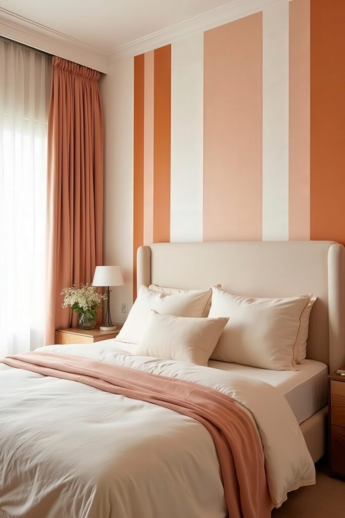 Burnt Orange Bedroom Color Combinations: The Best Shades to Pair for a Stylish Retreat 24 Striped wall in shades of peach and burnt orange creates soft, playful burnt orange bedroom color combinations.