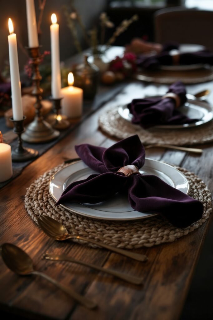 DIY Dark Academia Kitchen Decor: Affordable Tips & Tricks to Transform Your Space 27 Dark wood dining setup with tall candles, brass cutlery, and deep plum napkins for a cozy, scholarly kitchen tablescape.