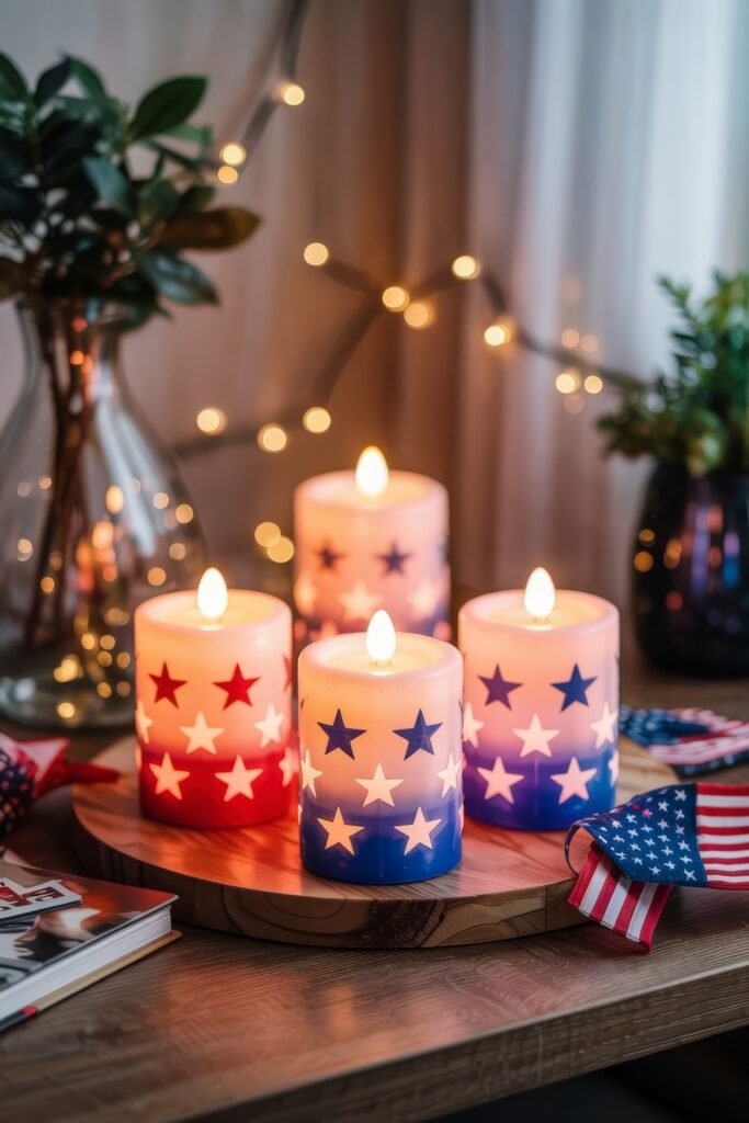 Patriotic 4th of July Table Décor & Centerpieces 30 Group of red, white, and blue star-patterned candles glowing on a wooden tray, creating a cozy 4th of July table décor setup with fairy lights.