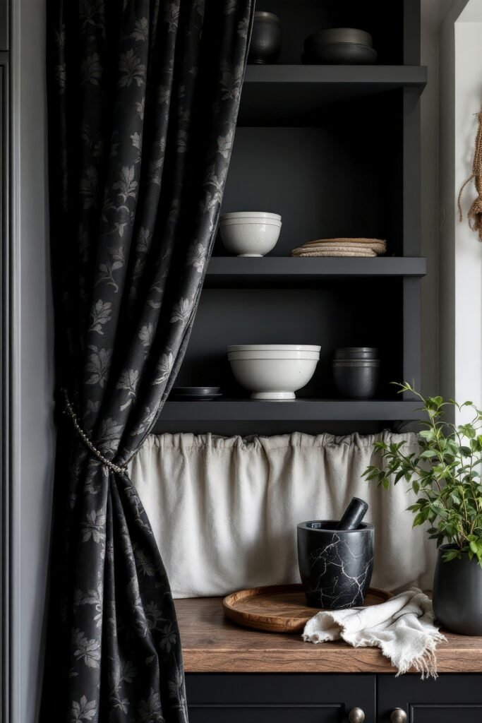 DIY Dark Academia Kitchen Decor: Affordable Tips & Tricks to Transform Your Space 28 Dark Academia Kitchen corner with moody charcoal shelving, vintage curtain, marble mortar, and wood counter styling.