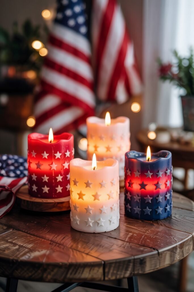 Patriotic 4th of July Table Décor & Centerpieces 31 Star-embossed patriotic candles in red, white, and blue burning on a round wooden table with American flags in the background.