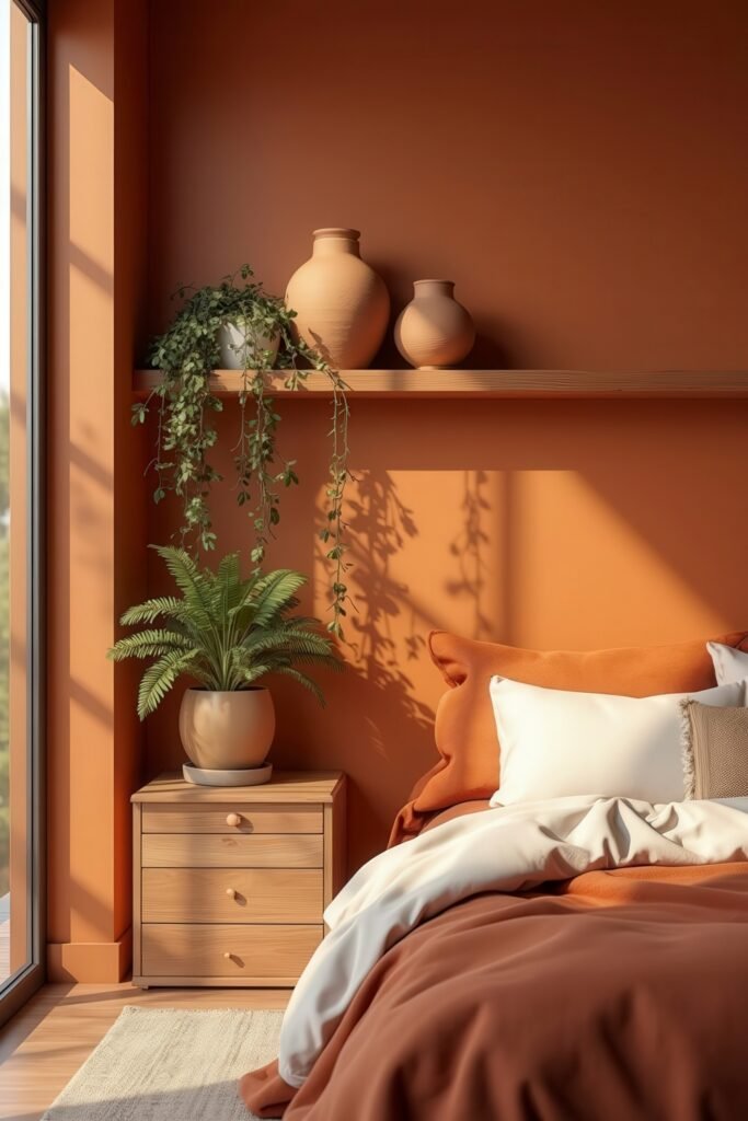 Cozy Burnt Orange Boho Bedroom Design Guide 23 Warmly lit burnt orange boho bedroom with wooden nightstand, potted greenery, and shelf vases