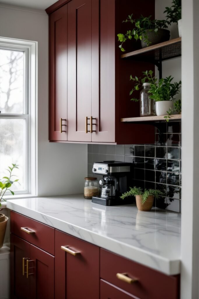 Dark Academia Kitchen Cabinets: Shades & Hardware for a Vintage Aesthetic 19 Deep red cabinets, marble counters, and black tiles frame a coffee nook filled with plants and cozy Dark Academia vibes.