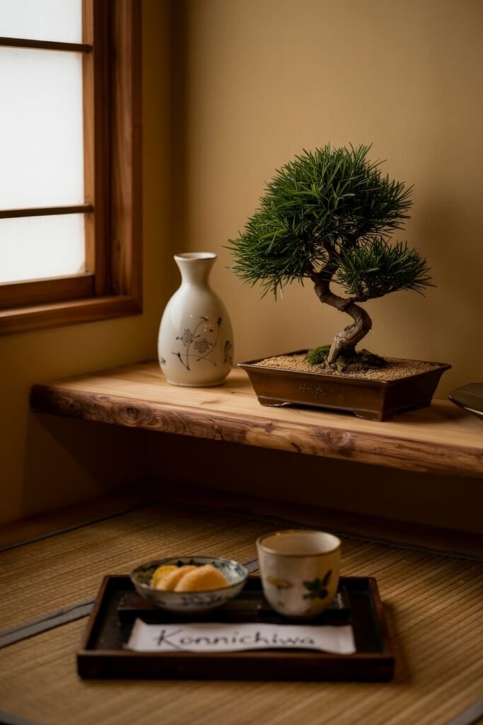 Japanese Breakfast Nook Ideas: Tea Ceremony Style for Tiny Kitchens 27 A bonsai tree and simple breakfast tray with tea and sweets by a bright Japanese Kitchen window.