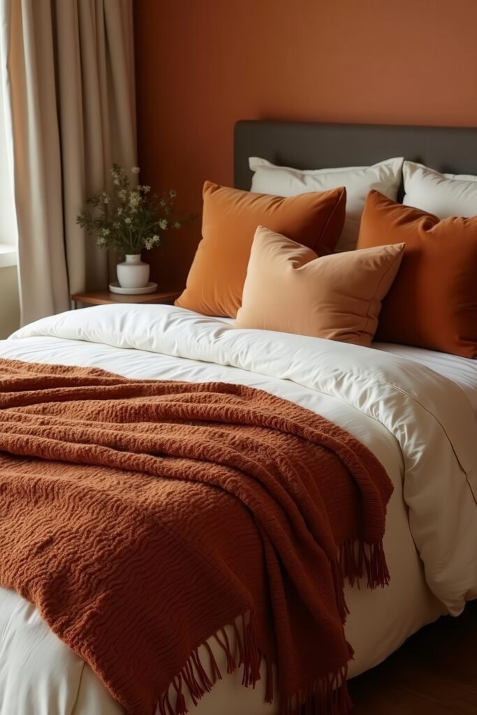 Burnt Orange Bedroom Color Combinations: The Best Shades to Pair for a Stylish Retreat 25 Cozy bedding with burnt orange pillows and throw brings warmth to this burnt orange bedroom color combinations look.