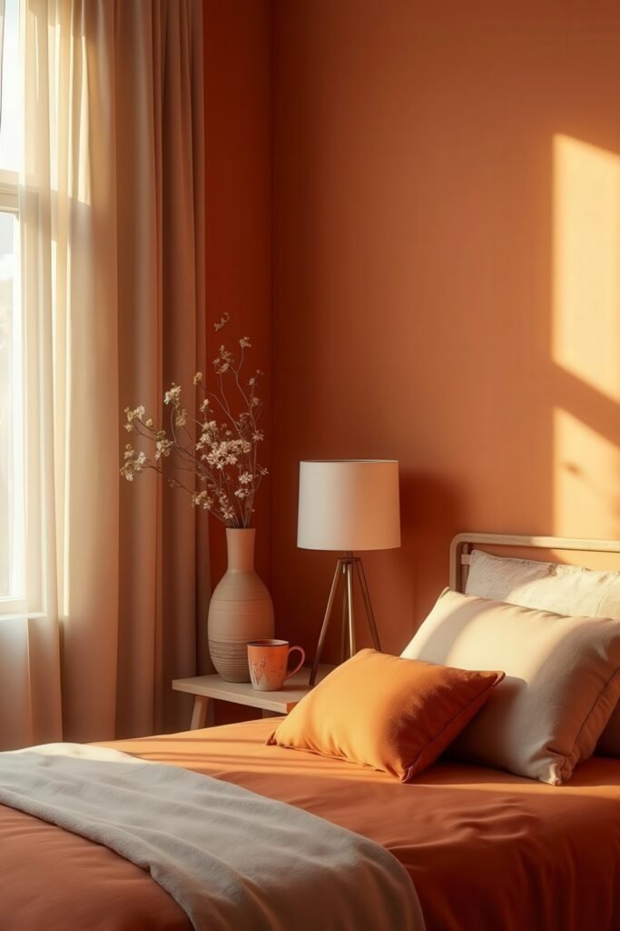 Cozy Burnt Orange Boho Bedroom Design Guide 24 Minimalist burnt orange boho bedroom with soft morning light, neutral tones, and modern styling