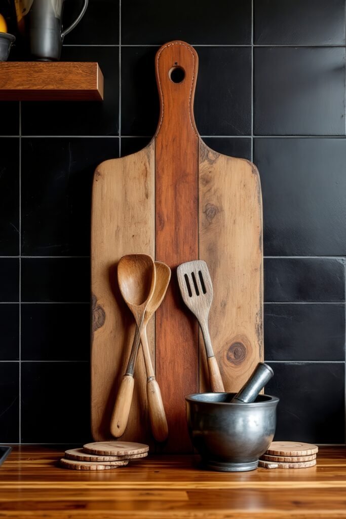 DIY Dark Academia Kitchen Decor: Affordable Tips & Tricks to Transform Your Space 29 Rustic wooden spoons and spatula styled against a vintage board and black tiled wall in a DIY Dark Academia Kitchen.