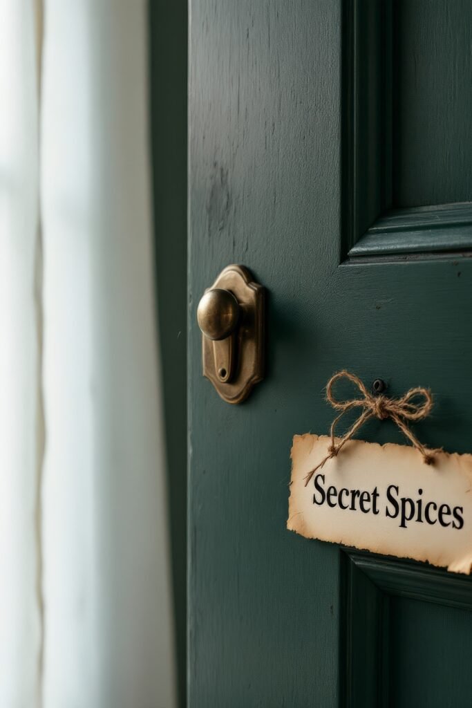 Dark Academia Kitchen Cabinets: Shades & Hardware for a Vintage Aesthetic 20 Close-up of a green cabinet door with brass knob and a rustic tag labeled Secret Spices, hinting at a Dark Academia Kitchen.