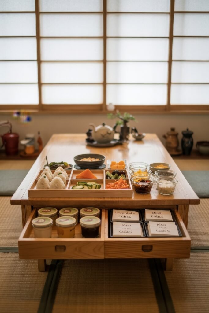 Japanese Breakfast Nook Ideas: Tea Ceremony Style for Tiny Kitchens 28 Traditional Japanese Breakfast Nook with onigiri, pickles, and condiments in a wooden drawer table.
