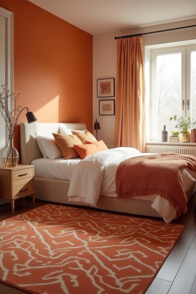 Burnt Orange Bedroom Color Combinations: The Best Shades to Pair for a Stylish Retreat 26 Burnt orange bedroom color combinations highlighted by warm decor, cozy throw, and patterned rug.