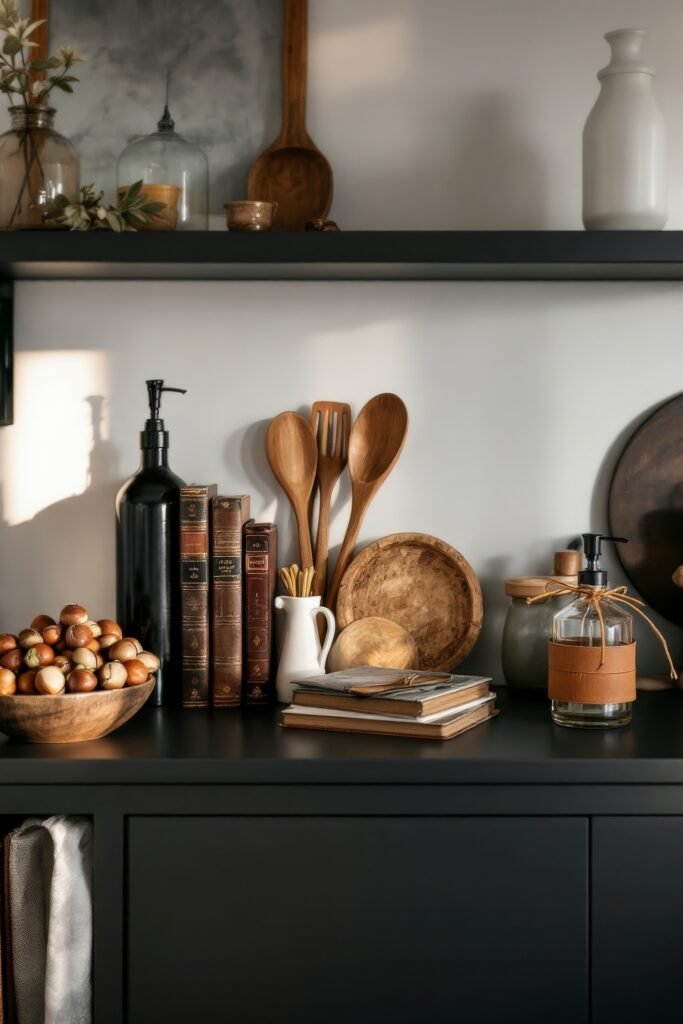 DIY Dark Academia Kitchen Decor: Affordable Tips & Tricks to Transform Your Space 30 Dark Academia Kitchen shelf styled with old books, carved wood bowls, and moody black cabinetry in soft natural light.