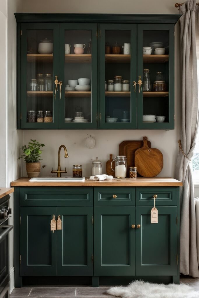 Dark Academia Kitchen Cabinets: Shades & Hardware for a Vintage Aesthetic 21 Dark Academia Kitchen Cabinets with glass doors display labeled jars and pottery over a wood counter with warm accents.