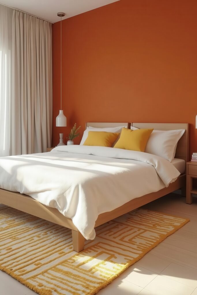 Burnt Orange Bedroom Color Combinations: The Best Shades to Pair for a Stylish Retreat 27 Bright bedroom with yellow pillows and white bedding showcasing cheerful burnt orange bedroom color combinations.