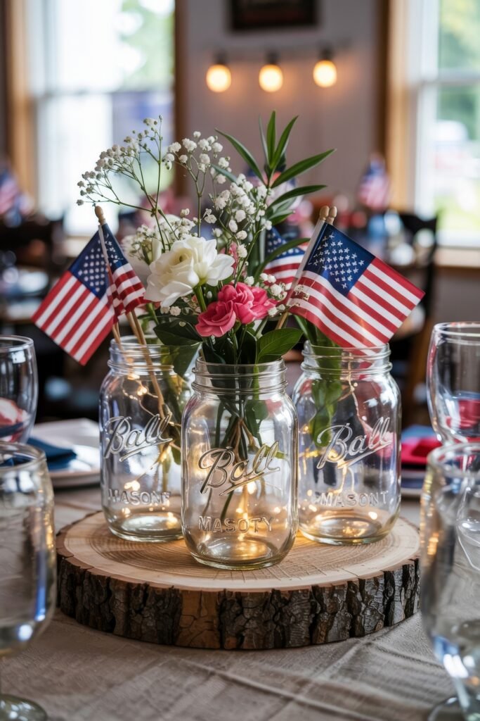 Patriotic 4th of July Table Décor & Centerpieces 33 Mason jar centerpiece filled with fairy lights, pink and white flowers, and American flags, set on a wooden slice at a decorated table.