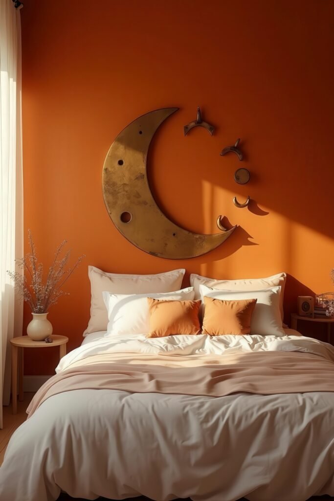 Cozy Burnt Orange Boho Bedroom Design Guide 26 Whimsical burnt orange boho bedroom with gold crescent moon wall art and soft white bedding