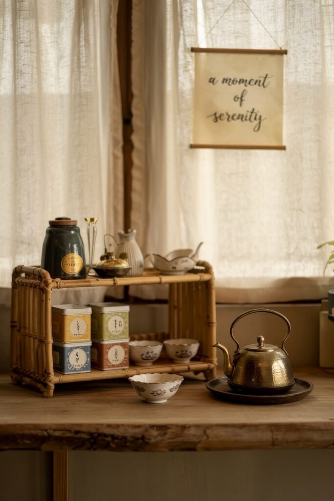 Japanese Breakfast Nook Ideas: Tea Ceremony Style for Tiny Kitchens 29 Cozy Japanese Kitchen tea corner with a brass kettle, cups, and a sign reading a moment of serenity.
