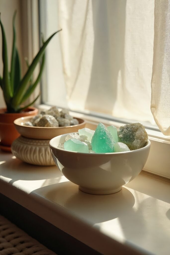 Boho Living Room Decor Ideas: Amazing Ways to Transform Your Space 26 Sunlit windowsill with green crystals and aloe in ceramic bowls offers subtle boho living room decor ideas