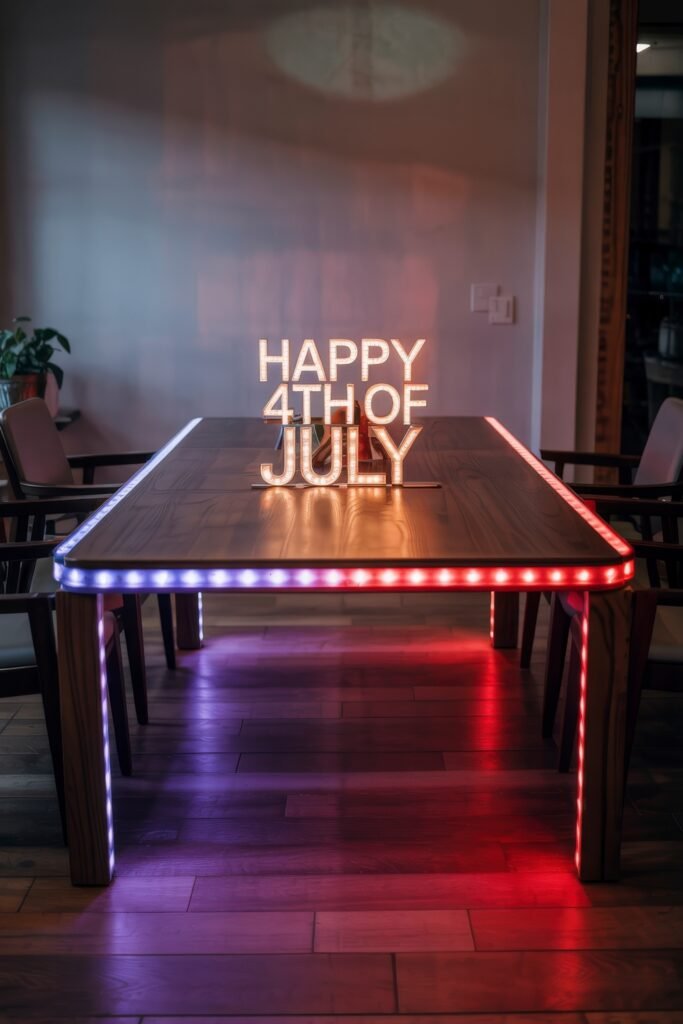 Patriotic 4th of July Table Décor & Centerpieces 35 Modern dining table decorated with red, white, and blue LED lights and a lit marquee sign reading “Happy 4th of July” as a bold 4th of July décor statement.